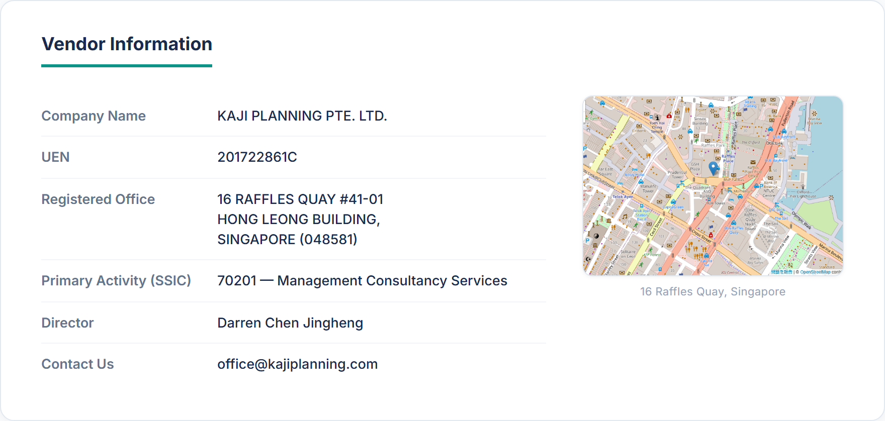 Vendor Information — KAJI PLANNING PTE. LTD.
